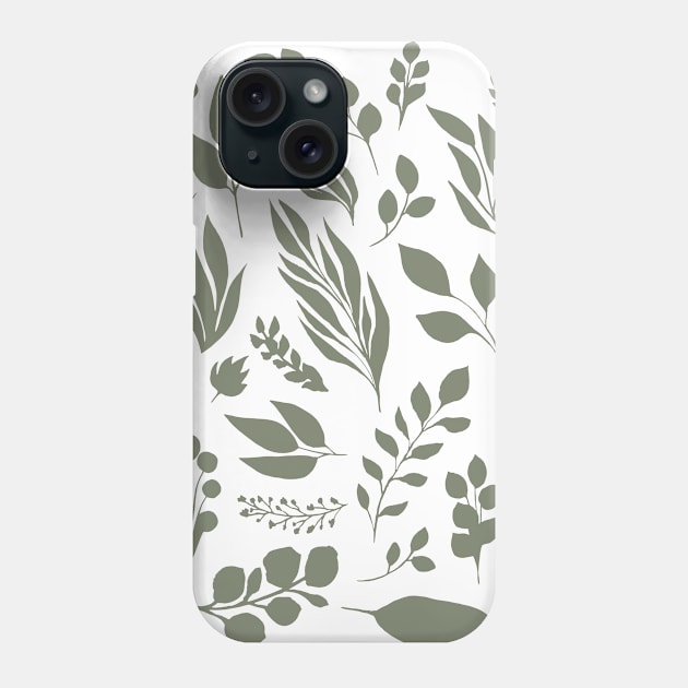 Elegant floral pattern, light green leaf inked silhouettes set, vector isolated illustration Phone Case by Modern Art