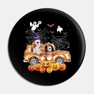 Husky Dog On Pumpkins Truck Autumn Halloween Pin