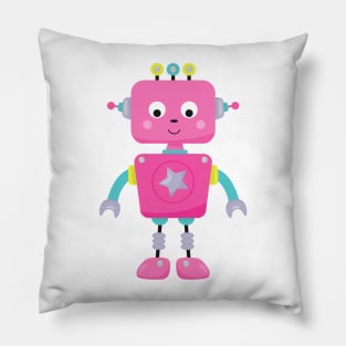 Cute Robot, Funny Robot, Silly Robot, Pink Robot Pillow