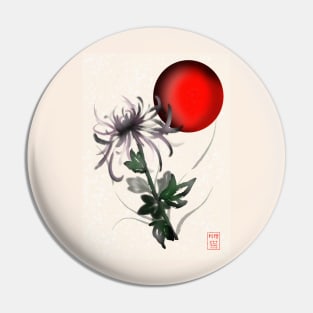 Sumi-e chrysanthemum with a red rising sun Pin