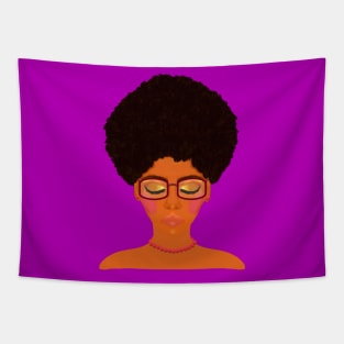 Woman with Afro, Glasses and Coral Beaded Jewelry (Purple Background) Tapestry