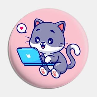 Cute Cat Working On Laptop Cartoon Pin