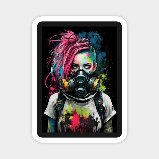 Punk Girl Wearing Gas Mask | Post-apocalyptic | Anarchist Streetwear | Punk Fashion | Colorful Punk Artwork | Tattoos and Piercings | Paint Splash Magnet by GloomCraft