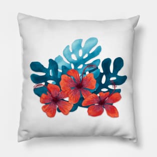 Tropical hibiscus flowers in red Pillow