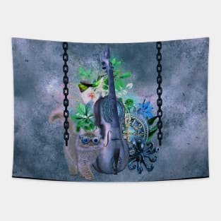 Steampunk violin with funny cat Tapestry