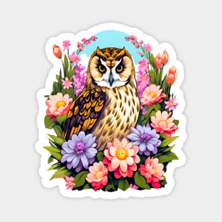 A Cute Short Eared Owl Surrounded by Bold Vibrant Spring Flowers Magnet