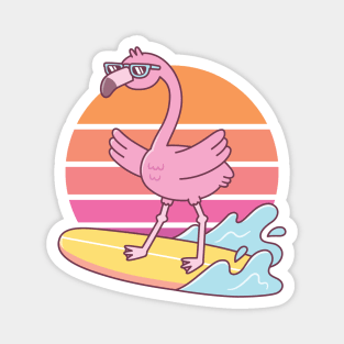 Funny Flamingo Surfing On Surfboard Sunset Magnet