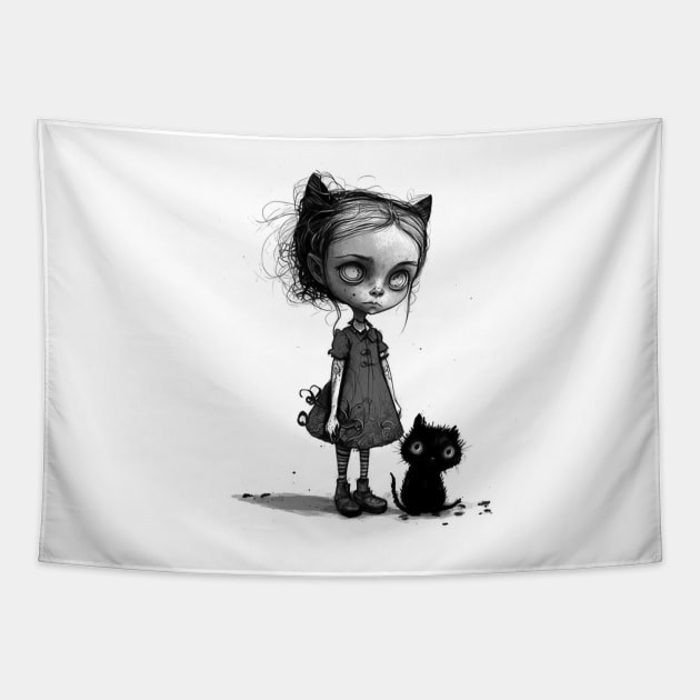 Little Girl with black Cat Tapestry by pxdg