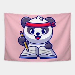 Cute Panda Writing On Book With Pencil Cartoon Tapestry