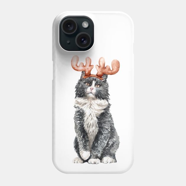 Funny Watercolor Black & White Cat with Moose Horns Phone Case by labatchino