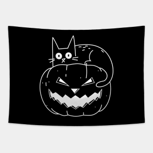 A Cute Cat with a Pumpkin - Halloween spooky kitty Black White. Trendy. Gift idea. Cat lover Tapestry