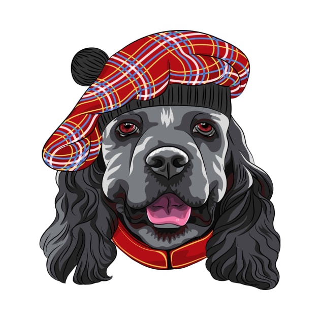 Funny smiling dog American Cocker Spaniel in red Scottish Tam by amramna