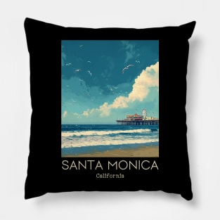 A Vintage Travel Illustration of Santa Monica - California - US Pillow