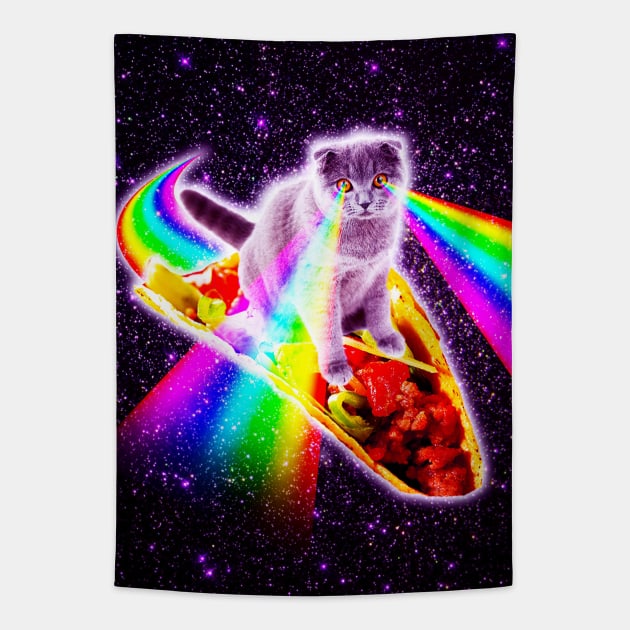 Rainbow Laser Eyes Galaxy Cat Riding Taco Tapestry by Random Galaxy