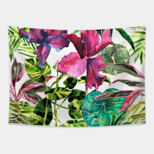 Seamless tropical flower, plant and leaf pattern background Tapestry