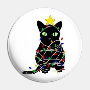 Christmas black kitty with fairy lights and star Pin