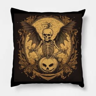 scary skeleton with wings and pumpkin Pillow