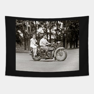 Couple Riding Motorcyle, 1928. Vintage Photo Tapestry