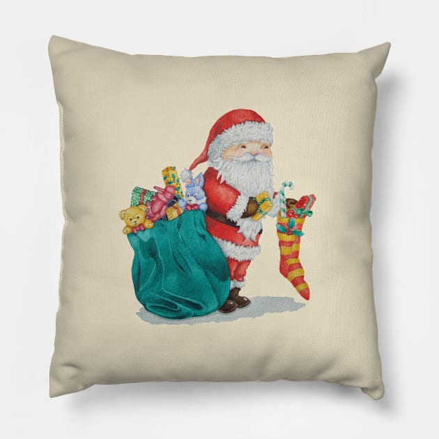 unique christmas picture of cute santa with stocking Pillow by pollywolly