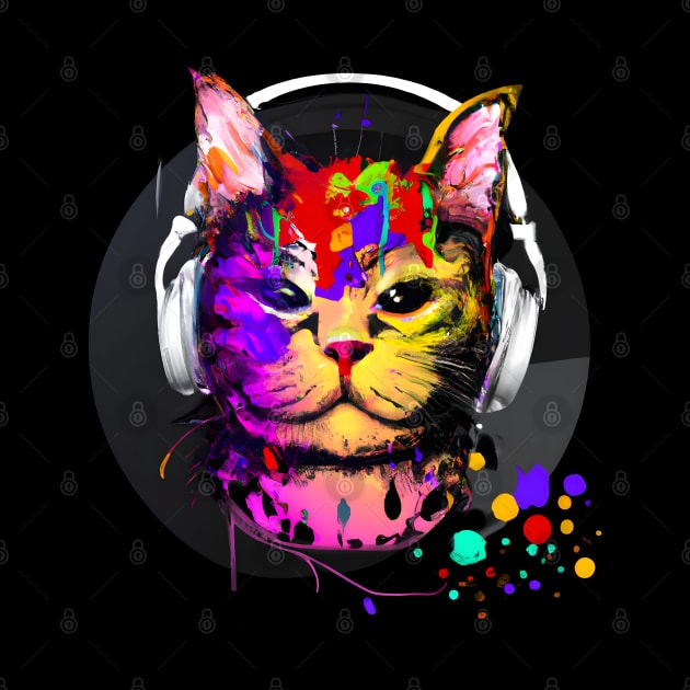 Colorful cat with headphones by Ravenglow