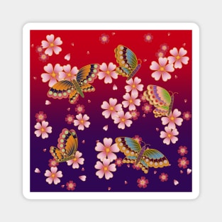 Japanese Butterflies Amid Sakura Blossoms (Red & Purple) Magnet