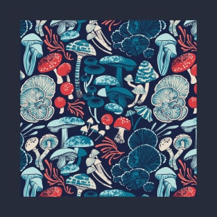 Mystical fungi // midnight blue background aqua teal coral and red wild mushrooms T-Shirt