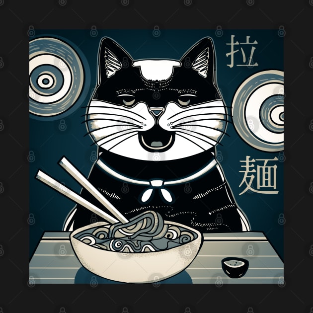 Cat eating noodles japanese food art by jen28