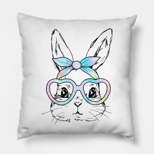 Cute Bunny Rabbit Face Tie Dye Glasses Girl Happy Easter Day Pillow