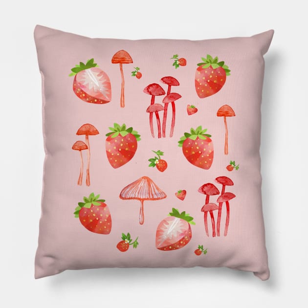 Cottagecore Mushrooms and Strawberries Pillow by BethTheKilljoy