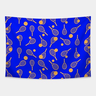 Tennis Seamless Pattern - Orange Racket and Ball on Blue Background Tapestry