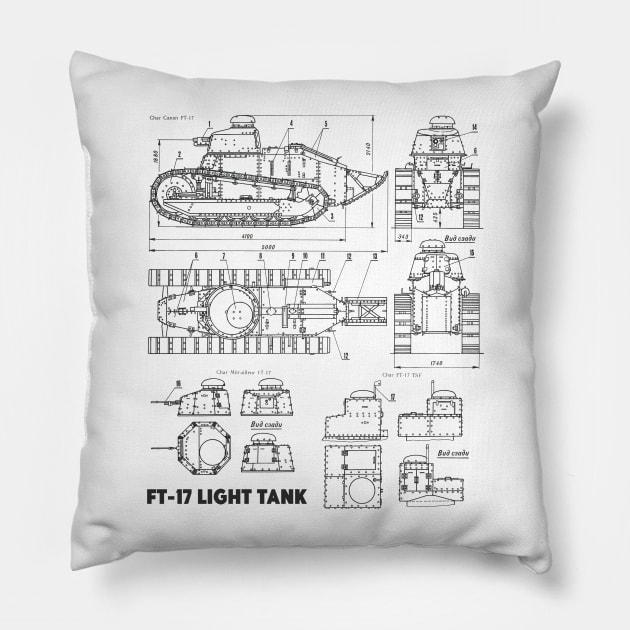 FT-17 Light Tank - WW1 Blueprint Pillow by Distant War