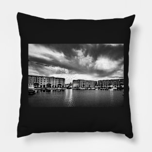 Liverpool waterfront at night _- Black and white Pillow