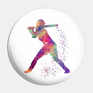 Baseball Batter Girl Colorful Watercolor Silhouette Pin