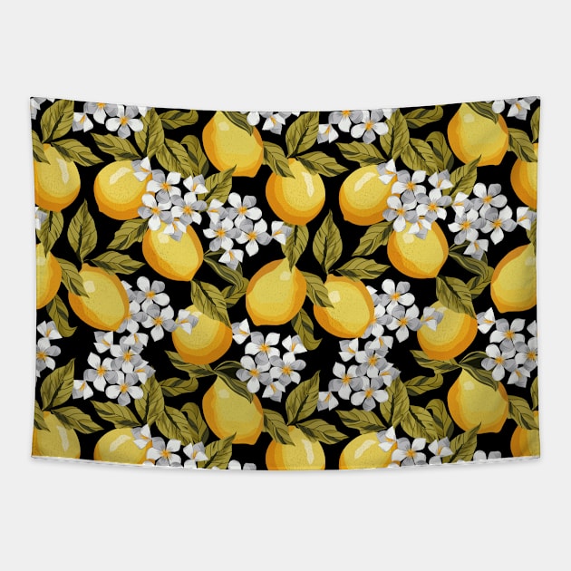 Lemons Pattern On Black Tapestry by Designoholic