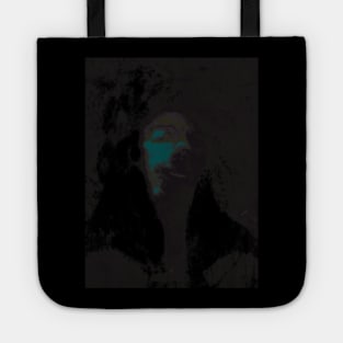 Portrait, digital collage and special processing. Like monk, man, smiling. Head. Weird. Like graffiti. Gray and aquamarine. Tote