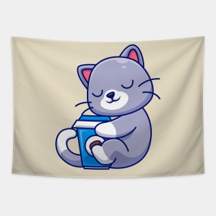 Cute Cat Hug Coffee Cup Cartoon Tapestry