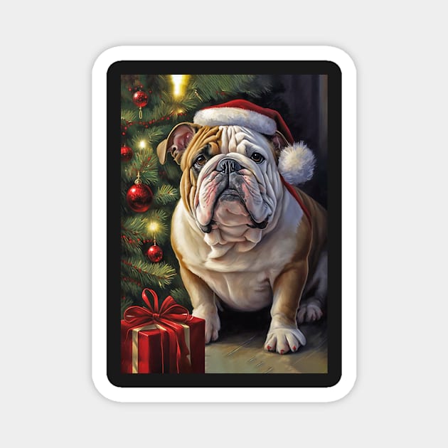 English Bulldog Santa Hat Christmas Card Magnet by candiscamera