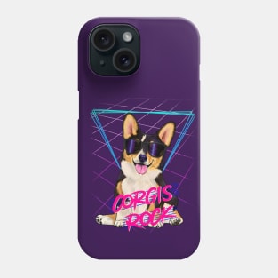 Corgis rock - Tri-color corgi with sunglasses and 80s background Phone Case