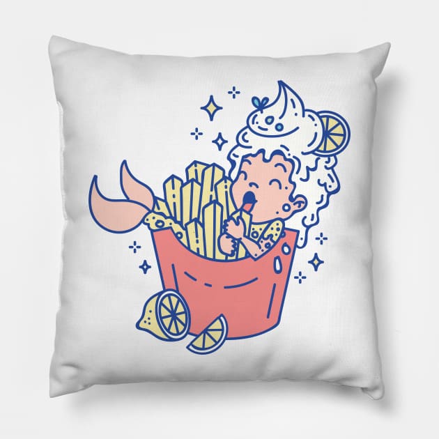 Lunch break Fish and Chips Mermaid Pillow by SPIRIMAL