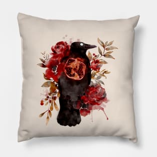 Autumn Oracle Crow Pomegranate Watercolor Pillow