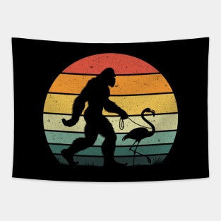 Bigfoot Sasquatch Walking Flamingo Vintage Sunset Bird Lover Tapestry