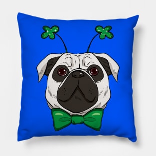 Cute St. Patrick pug dog with green bow tie and fashionable green sparkling clover accessory Pillow