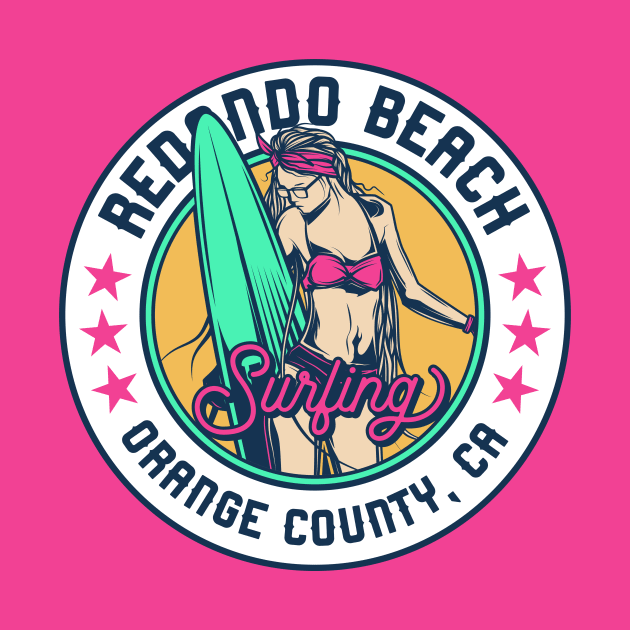 Retro Surfer Babe Badge Redondo Beach Orange County California by Now Boarding