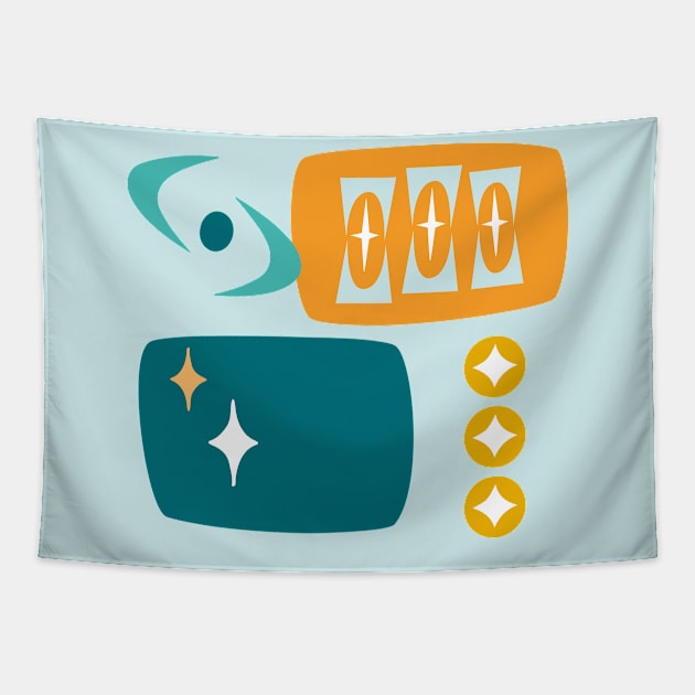 Atomic Age MCM Pattern in Aqua, Orange, Teal Tapestry by tramasdesign