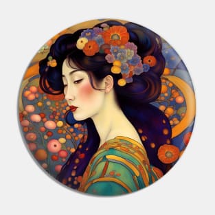 Beautiful Asian Art Nouveau Woman with Flowers Pin