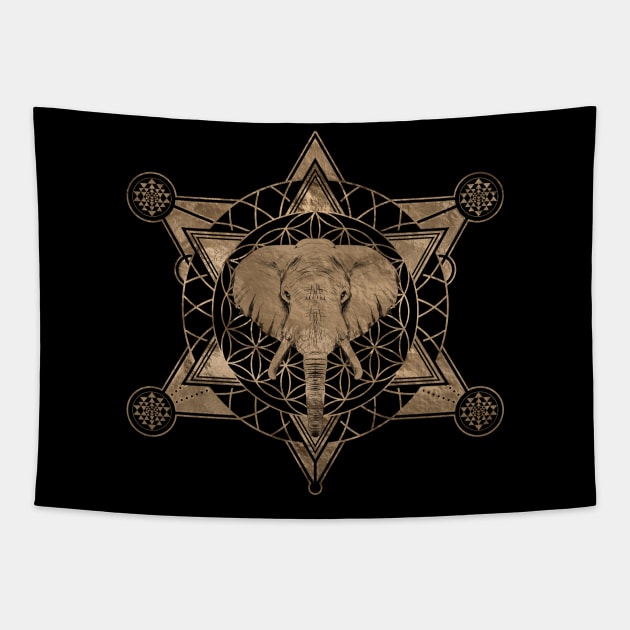 Elephant in Sacred Geometry Composition - Black and Gold Tapestry by Nartissima