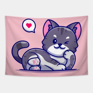 Cute Cat Lay Cartoon Tapestry