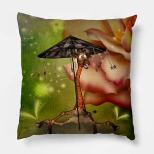 Funny, cute giraffe with umbrella Pillow