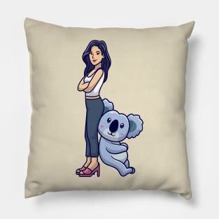 Cute Girl Posing With Koala Cartoon Pillow