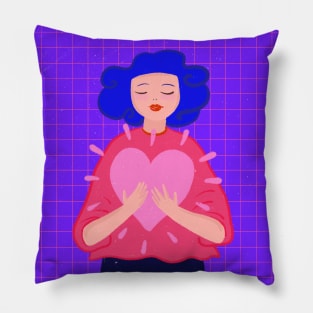 Blue hair girl with big pink heart Pillow
